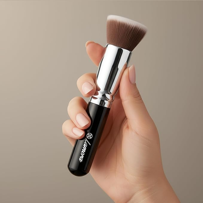 Lamora Makeup Brush Foundation Kabuki - Flat Top Face Brush for Liquid, Cream, and Powder Cosmetics - Full Coverage Blending, Buffing, Stippling, Contouring