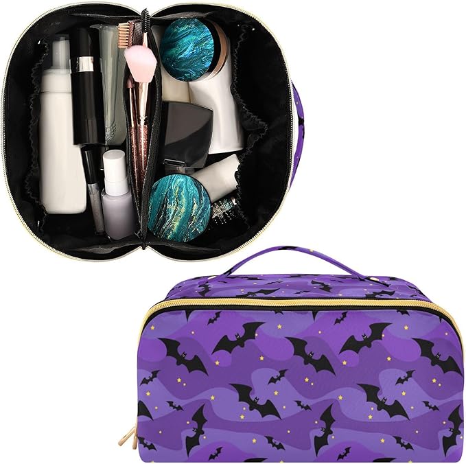Makeup Organizer Bag, Halloween Black Bats Night Sky with Stars Travel Makeup Bags Makeup Vanity Case Large Capacity Rhombus Cosmetic Toiletry Bag for Girl Women Ladies
