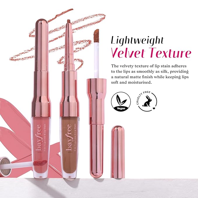 bayfree 2 PCS Lip Liner and Lip Stain Combo Set, High Pigmented Long Lasting Velvet Lip Tint, Well-Defined Lipliner, Weightless Waterproof Not Animal Tested, Matte Finish Makeup