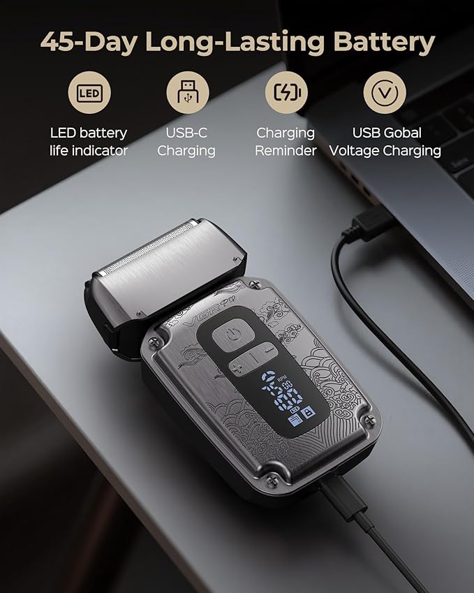 Foil Shaver for Men, Electric Razor for Men Face Beard, Waterproof Cordless Electric Razor for Travel, 4-Speed Setting, USB-C Rechargeable, LED Battery Display, Barber or Home Use (Gray)