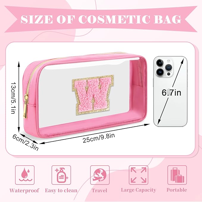 Personalized Initial Letter Clear Makeup Bag,Preppy Small Nylon&PVC Cosmetic Zipper Bag with Chenille Letter,Portable Beach Travel Skincare Toiletry Bag,Trendy Monogram Gift for Teen Girls Women,W
