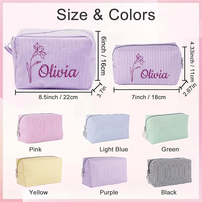 Personalized Seersucker Makeup Bag with Embroidered Name&Birth Flower,Custom Small Travel Cosmetic Bag Toiletry Bag Wedding Gifts for Bridesmaid Bride (Makeup Bag with Birth Flower)