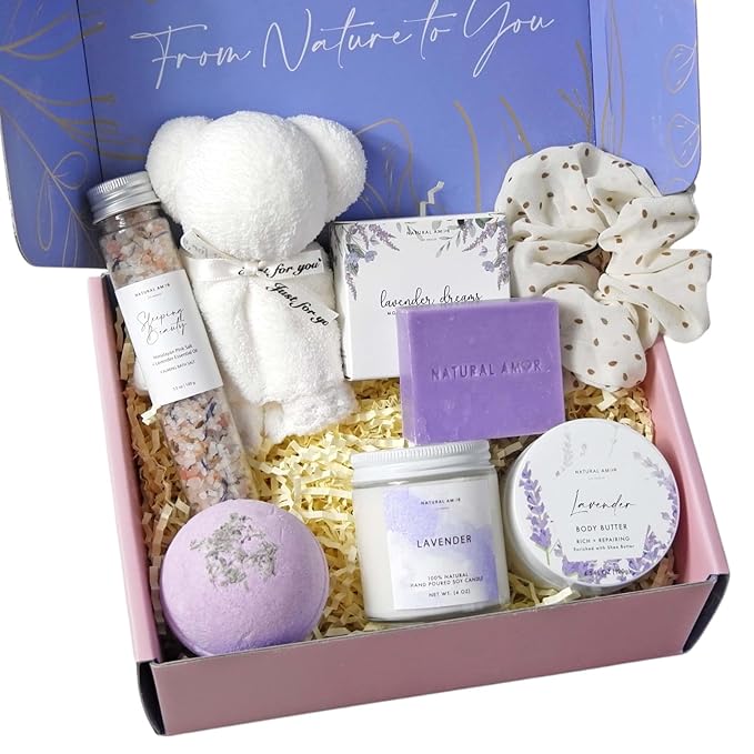 Natural Amor Lavender Spa Gifts for Women,7pcs Self Care Box Including Soap Bar, Candle, Bath Butter