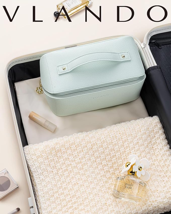 Vlando Makeup Bag,Large Capacity Toiletry Bag for Women Waterproof Portable Make up Pouch PU Leather Open Flat Cosmetic Bag(Mint Green)
