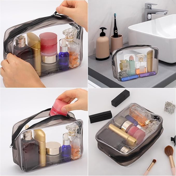 Tbestmax 10 Pcs Clear Cosmetic Bags Makeup Bags Portable Waterproof Travel Toiletry Bags Medium Organizer Matte Black, 7.5"x 4.8"x 2.3"