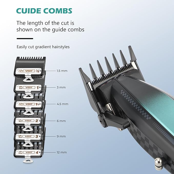 VGR 270 Hair Clippers for Men Professional, Low Noise Cordless High Speed 9000 RPM Fresh Fade Ceramic Blade Barber Clippers, Hair Cutting Kit with 6 Guide Combs, USB Charging Base, LED Display