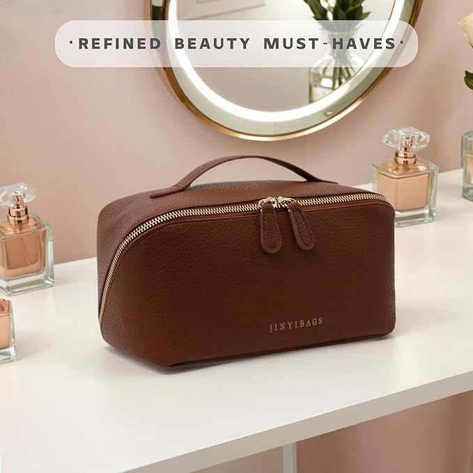 Travel Makeup Bag – Large Cosmetic Organizer with Waterproof PU Leather, Smooth Double Zipper & Tear-Resistant Lining, Toiletry Pouch for Women (Brown)