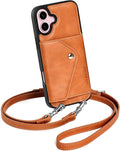 LUCKYCOIN Crossbody Wallet Phone Case for iPhone 16 Plus,100% Genuine Leather Wallet Phone Case with Expandable Flip Card Holder,Phone Purse for Women with Adjustable Removable Strap - Tan