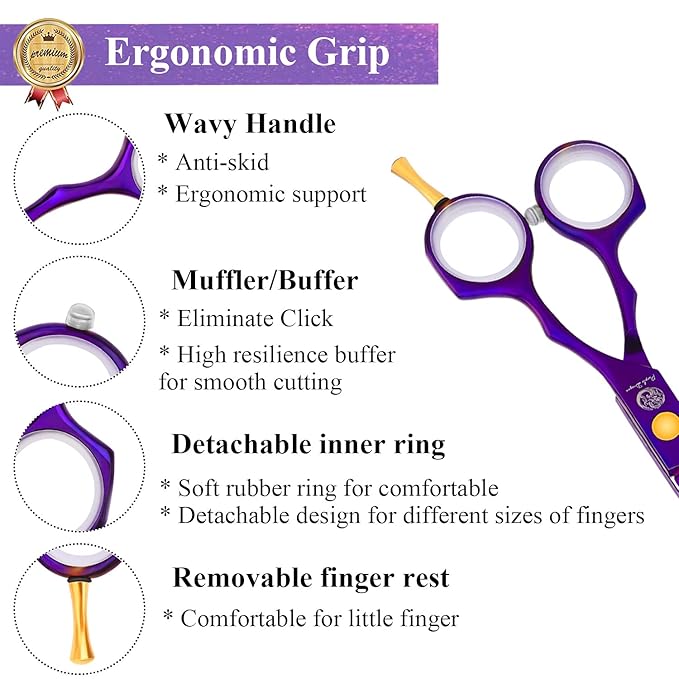 Purple Dragon 5.5 inch Hair Cutting Scissors Set with Razor, Leather Scissors Case, Barber Hair Cutting Shears Hair Thinning/Texturizing Shears for Professional Hairdresser or Home Use (Purple)