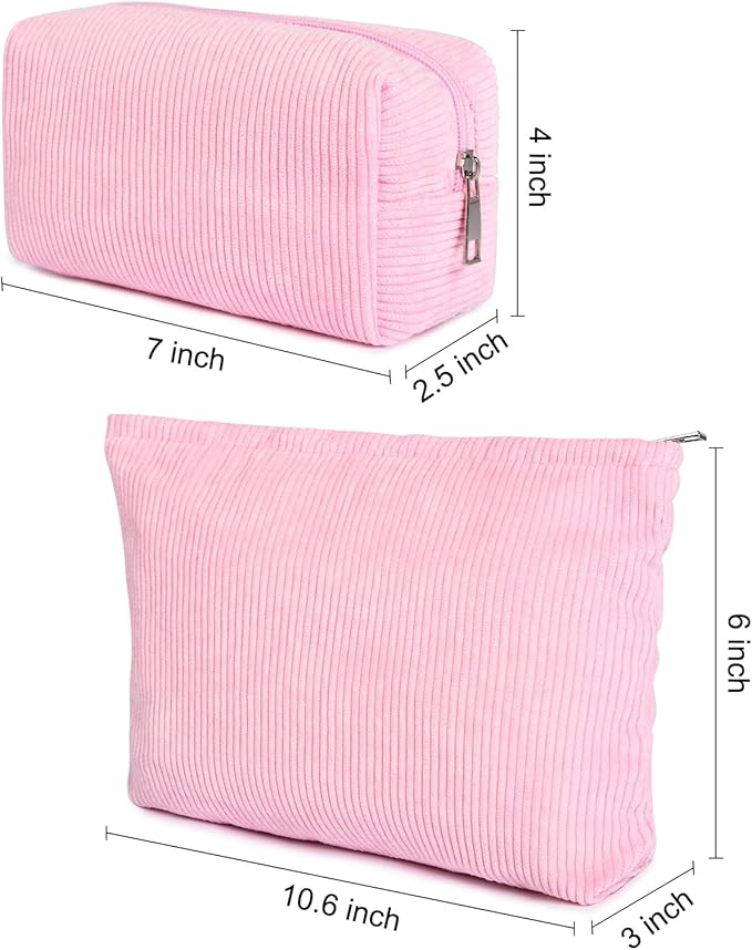 SOIDRAM 2 Pieces Makeup Bag Large Corduroy Cosmetic Bag Capacity Canvas Mix Travel Toiletry Bag Organizer Cute Makeup Brushes Aesthetic Accessories Storage Bag for Women,Corduroy Mix Hot Pink