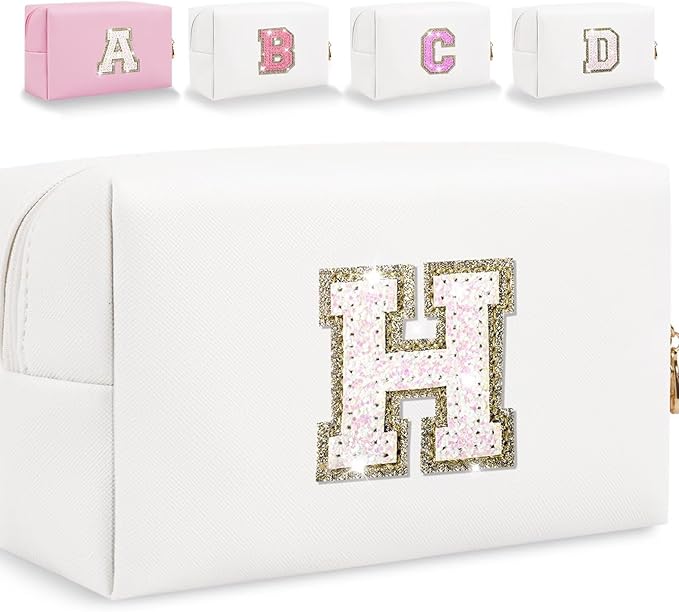 Small Personalized Glitter Initial Letter Makeup Bag, Cute PU Leather Chenille Letters Cosmetic Bag Travel Makeup Pouch, Preppy Travel Organizer Zipper Pouch for Women&Girls（White-H）
