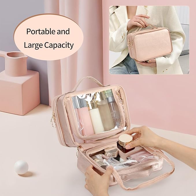 OCHEAL Clear Makeup Bag, Double Layer Cosmetic Bag, Large Capacity Minimalist Cosmetic Case for Women Travel Beauty Essentials, Multiple Compartments Makeup Case Organizer Zipper Pouch -Rose Glod
