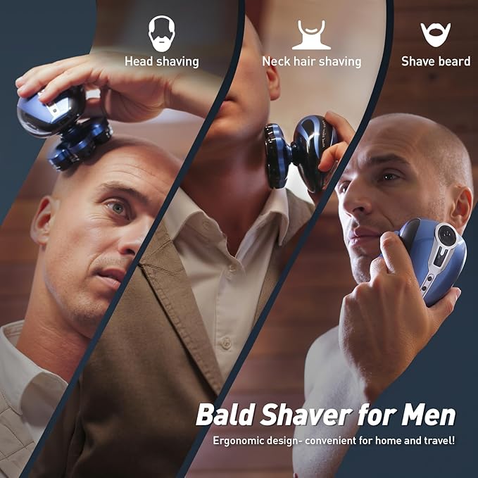Head Shavers for Bald Men - 7D Detachable Electric Razor, IPX6 Waterproof Wet Dry Rotary Shavers, LED Display Rechargeable Head Shaving with Fast Charging, Blue