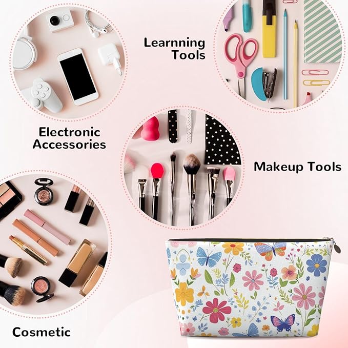 Womens Leather Makeup Bag Cosmetic Bag Travel Toiletry Bags Make Up Bags for Women Adult (Floral Butterflies)