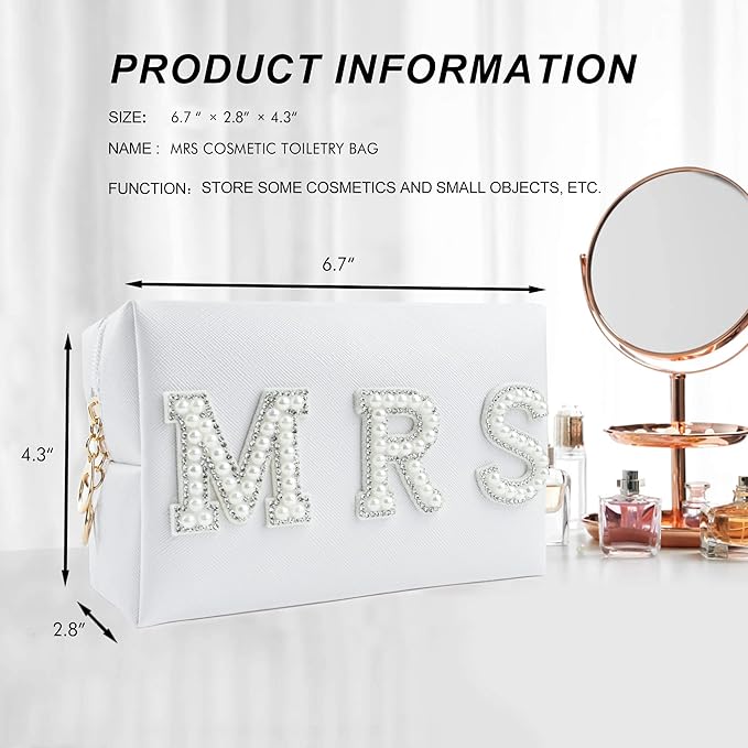 Bride Patch MRS Letter Makeup Bag for Women Bridesmaid Engagement Gift for Her White Pearl Rhinestone Travel Toiletry Bag Make Up Bag Pouch for Purse Bridal Shower Gifts for Engagement Wedding