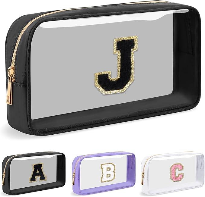 Personalized Initial Letter Clear Makeup Bag,Preppy Small Nylon&PVC Cosmetic Zipper Bag with Chenille Letter,Travel Skincare Toiletry Bag,Monogram Christmas Gift for Teen Girls Women,J