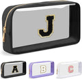 Personalized Initial Letter Clear Makeup Bag,Preppy Small Nylon&PVC Cosmetic Zipper Bag with Chenille Letter,Travel Skincare Toiletry Bag,Monogram Christmas Gift for Teen Girls Women,J