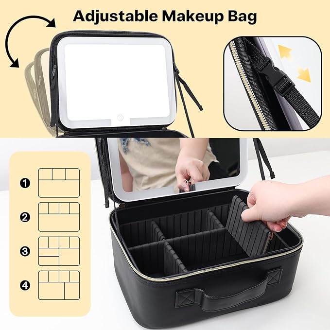 Travel Makeup Bag with LED Mirror, Large 12 Inch Cosmetic Train Case with Jewelry Organizer, 10X Magnifying Mirror, Adjustable Dividers for Cosmetics Makeup Brushes Toiletry, Includes 6 Velvet Pouches