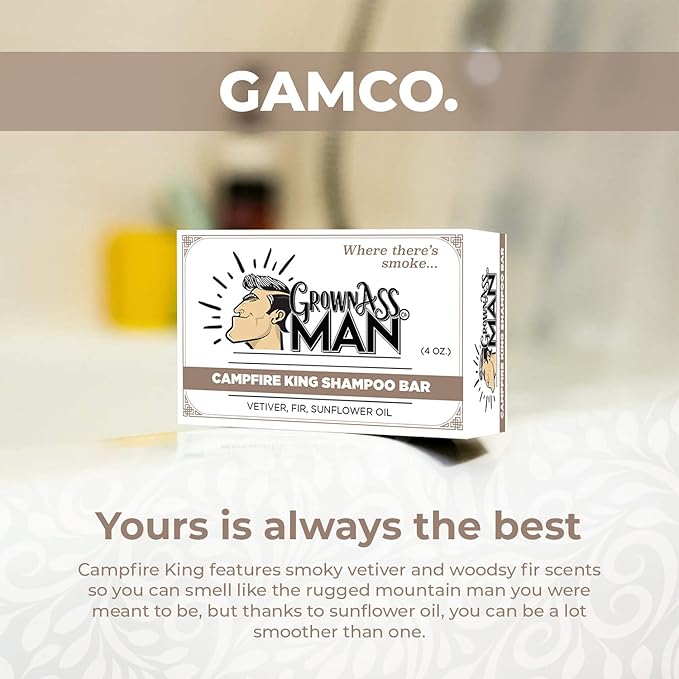 Grown Ass Man Co. - Solid Shampoo Bar Rich Lather 3 in 1: Hair, Beard & Body Wash - Plastic Free & Eco-Friendly, Natural & Organic Clean for All Hair Types, 4oz Bar (Campfire King, 3-Pack)