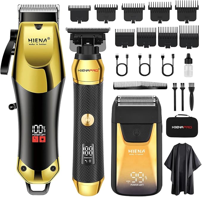 HIENA PRO Professional Cordless Hair Clippers for Men, T-Blade Beard Trimmer & Foil Shaver Set, Rechargeable Barber Clipper Kit and Hair Cutting Set, Facial Grooming Kit with LED Display
