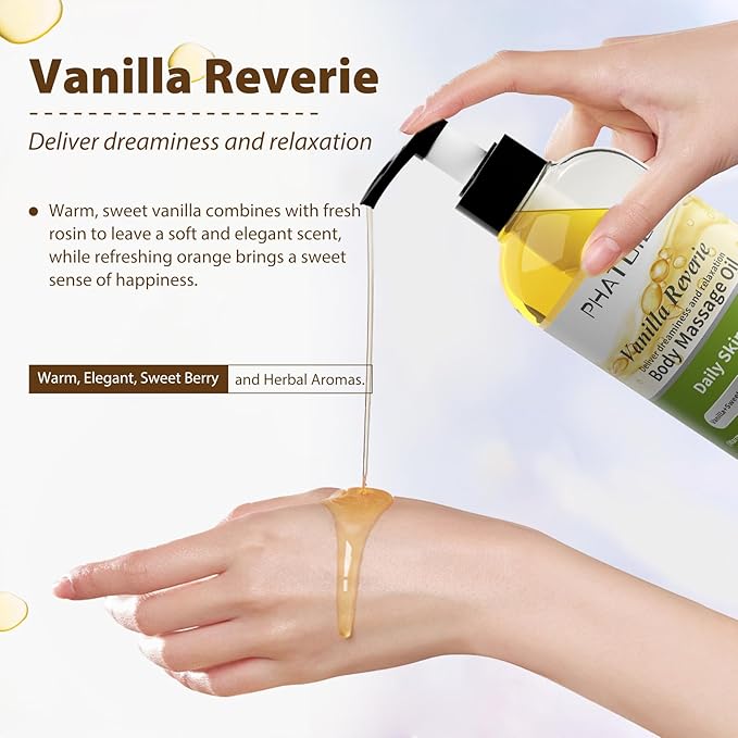 PHATOIL Vanilla Body Oil with Sweet Orange, Juniper Berry and Thyme Essential Oils, Premium Scented Body Oil for Moisturizing Skin, Massage Oil for Women Men After Shower - 8.8 FL.OZ(260ML)