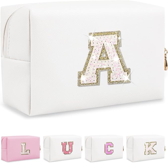 Personalized Initial Letter Makeup Bag, Preppy Glitter Letter Patch Cosmetic Pouch Zipper,PU Waterproof Travel Toiletry Bag Cute Makeup Organizer Monogrammed Make Up Bag,Gift for Women Girls