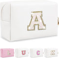 Personalized Initial Letter Makeup Bag, Preppy Glitter Letter Patch Cosmetic Pouch Zipper,PU Waterproof Travel Toiletry Bag Cute Makeup Organizer Monogrammed Make Up Bag,Gift for Women Girls