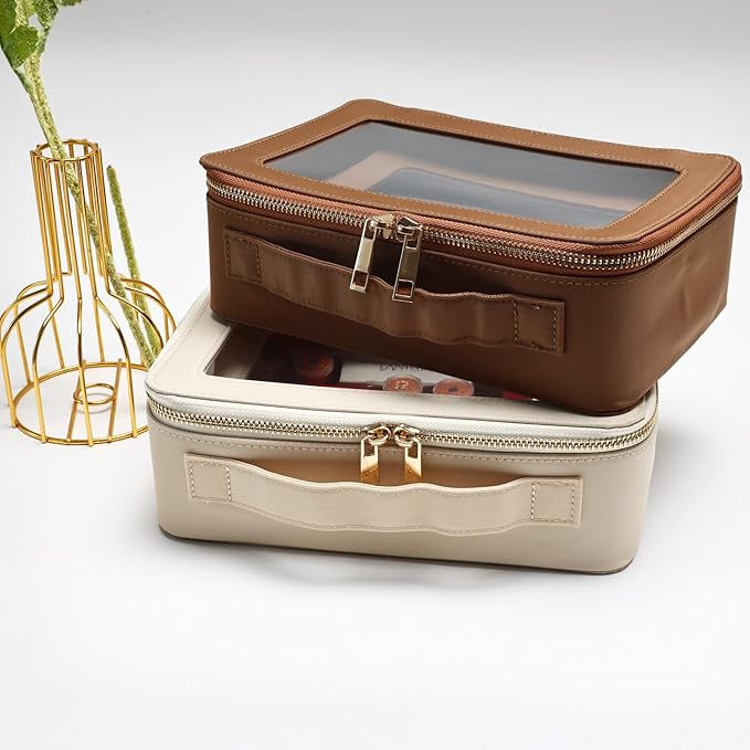 SANHECUN Cosmetic Case with Zipper TSA Approved Storage Box Travel Organizer Pouch Toiletry Portable Makeup Bag Cosmetic Set (2, Brown)
