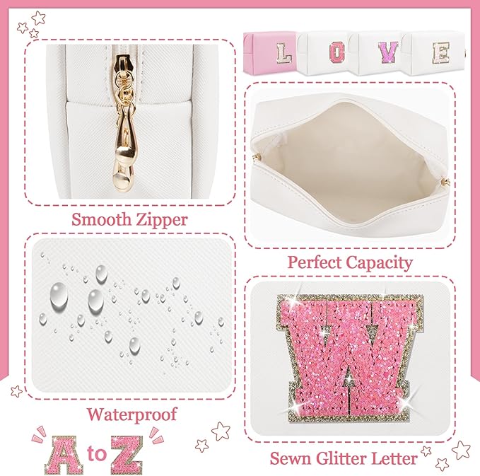 Personalized Initial Letter Patch Makeup Bag, Preppy Glitter Letter Makeup Organizer, Cute Monogrammed Pouch Cosmetic Bag PU Leather Waterproof Travel Toiletry Bag, Gift for Women Teen Girls