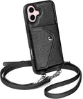 LUCKYCOIN Crossbody Wallet Phone Case for iPhone 16 Plus,100% Genuine Leather Wallet Phone Case with Expandable Flip Card Holder,Phone Purse for Women with Adjustable Removable Strap - Pebble Black