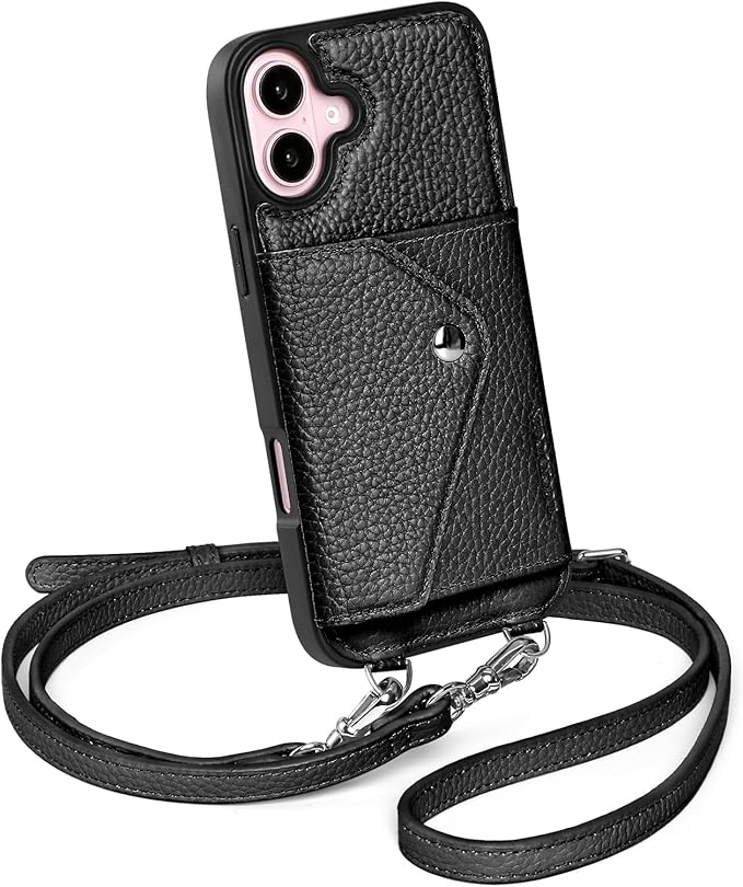 LUCKYCOIN Crossbody Wallet Phone Case for iPhone 16 Plus,100% Genuine Leather Wallet Phone Case with Expandable Flip Card Holder,Phone Purse for Women with Adjustable Removable Strap - Pebble Black