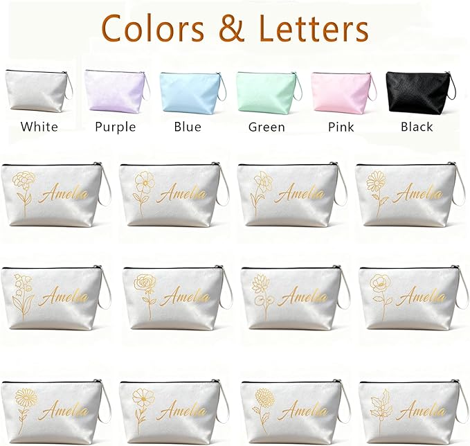 Personalized Makeup Bag Initial&Birth Flower Custom Small Travel Cosmetic Bag with Name Cute Makeup Bag for Women Girls