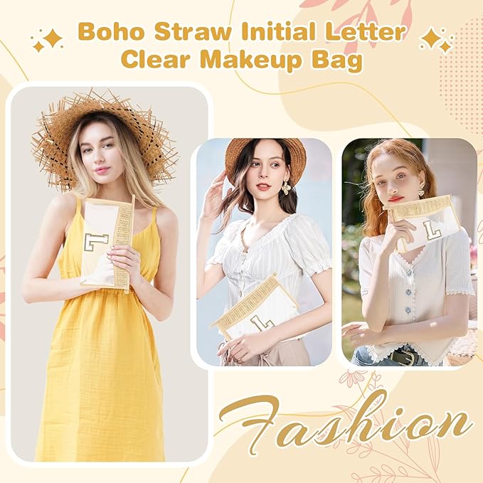 Personalized Initial Letter Bag Boho Straw Clear Makeup Bag,Small Cute Chenille Varsity Letter Bag With Zipper,Beach Travel Toiletry Bag,Portable Monogrammed Cosmetic Bag for Women Girls,L