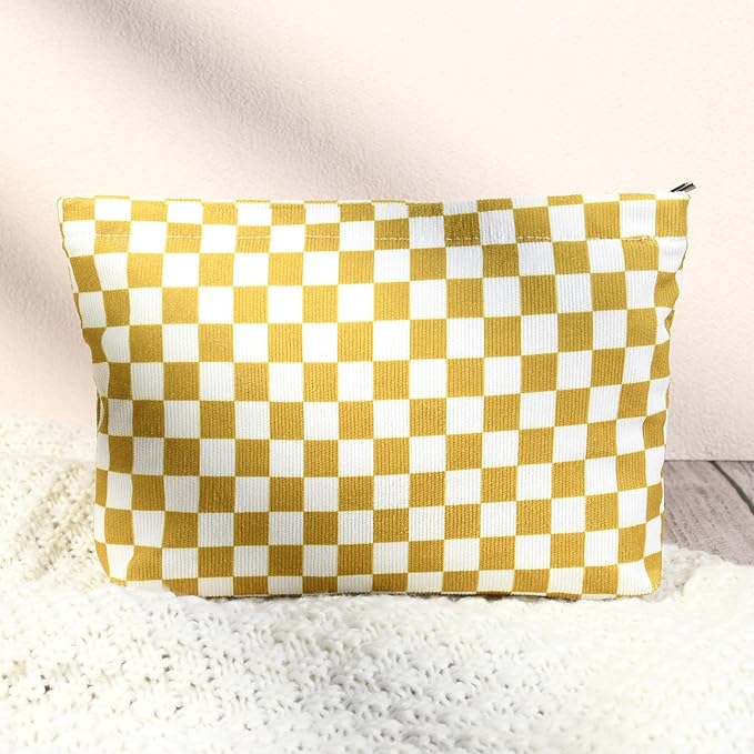 SOIDRAM 2 Pcs Checkered Makeup Bag Large Cosmetic Bag Toiletry Bag Makeup Pouch Travel Bag Organizer Cute Makeup Brushes Aesthetic Accessories Storage Bag for Women Golden Yellow