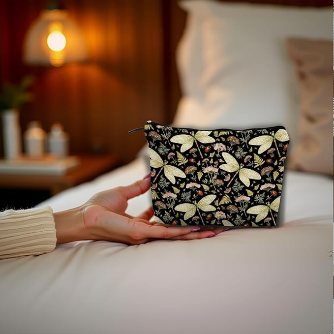 Vintage Floral Dragonfly Makeup Bag, Dragonfly Gifts Cosmetic Bags for Women, Dark Cottagecore Floral Botanical Insects Portable Travel Toiletry Bag Zipper Makeup Pouch