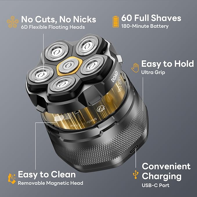 Head Shavers for Bald Men, 6D Magnetic Floating Blades, Smooth Shave in 3 Minutes, USB-C Rechargeable, 180min Runtime, Wet & Dry, Easy Clean, Anti-Slip Design(A6-Plus)