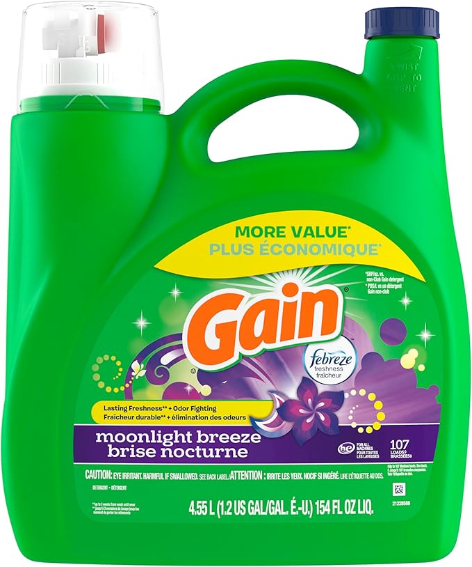 Gain Liquid Laundry Detergent, Moonlight Breeze Scent, 154 fl oz, 107 loads, Freshness + Odor Fighting, High efficiency washing machine iquid cleaning soap