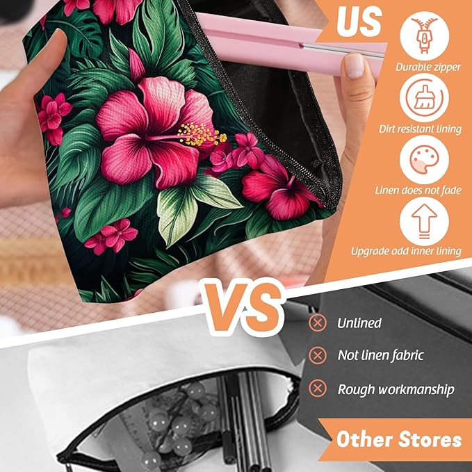Makeup Bag Travel Cosmetic Bags Small Makeup Case Waterproof Zipper Pouch for Women Girls 7X9inches - Bold Hibiscus Flowers with Green Foliage