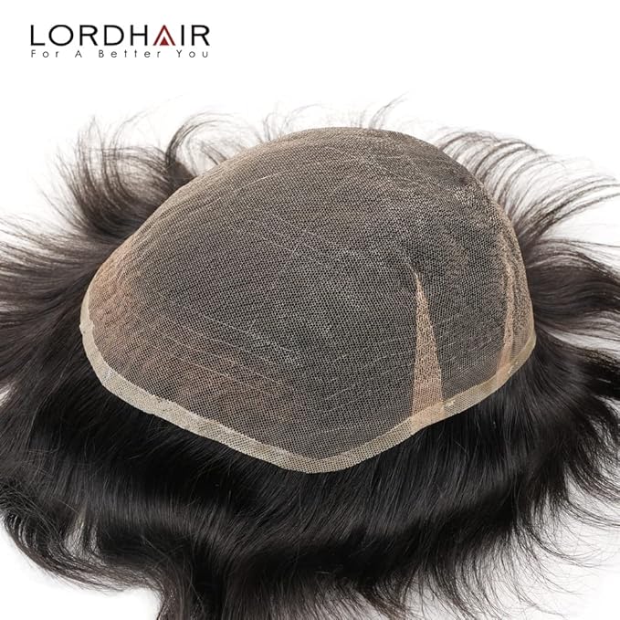 Lordhair Toupee for Men European human hair Full French Lace Hairpieces，Base Size 8x10 inch Hair Replacement System for Men Natural Hairline Human Hair Wig #1B Off Black