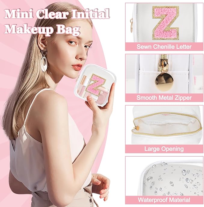 Iqimott Mini Clear Personalized Initial Makeup Bag, Small Preppy A-Z Chenille Letter Patch Cosmetic Pouch, Transparent PVC & Nylon Waterproof Zip Beach Toiletry Bag,Gift for Women Girls(White-Pink Z)