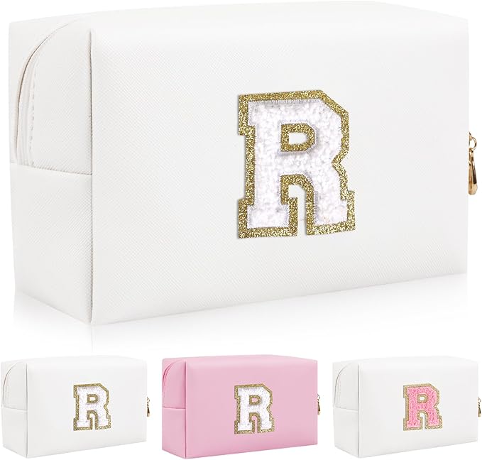 Personalized Initial Letter Patch Makeup Bag, Preppy Portable Chenille Letter Cosmetic Bag with Zipper, PU Leather Waterproof Travel Toiletry Bag Monogram Make Up Pouch for Women Girls(Letter R)