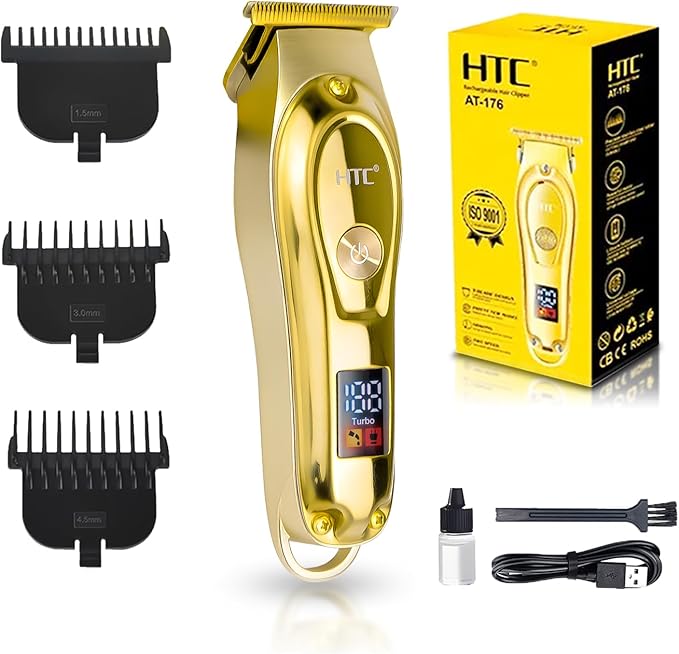 HTC Hair Clippers – Professional Cordless Rechargeable Hair Trimmer with Precision, Adjustable Speeds, and LED Display （Gold）