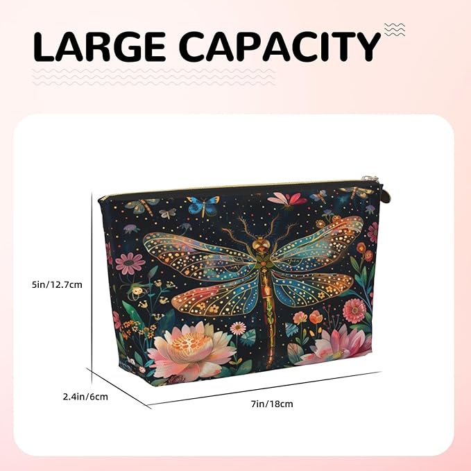 Womens Leather Makeup Bag Cosmetic Bag Travel Toiletry Bags Make Up Bags for Women Adult (Floral Dragonfly)