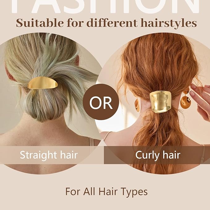 3PCS Gold Hair Ties, Metal Hair Ties for Thick Hair, Elegant Durable Geometric Design Hair Cuffs, Gold Hair Accessories Stretchy and Non-Damage Ponytail Holders 3 Style Holiday Christmas Gifts