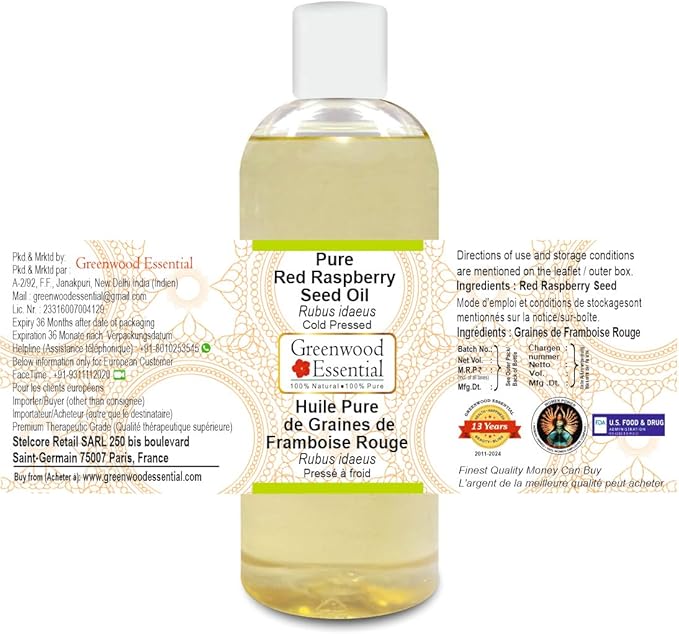 Greenwood Essential Pure Red Raspberry Seed Oil (Rubus idaeus) Cold Pressed 200ml (6.76 oz)
