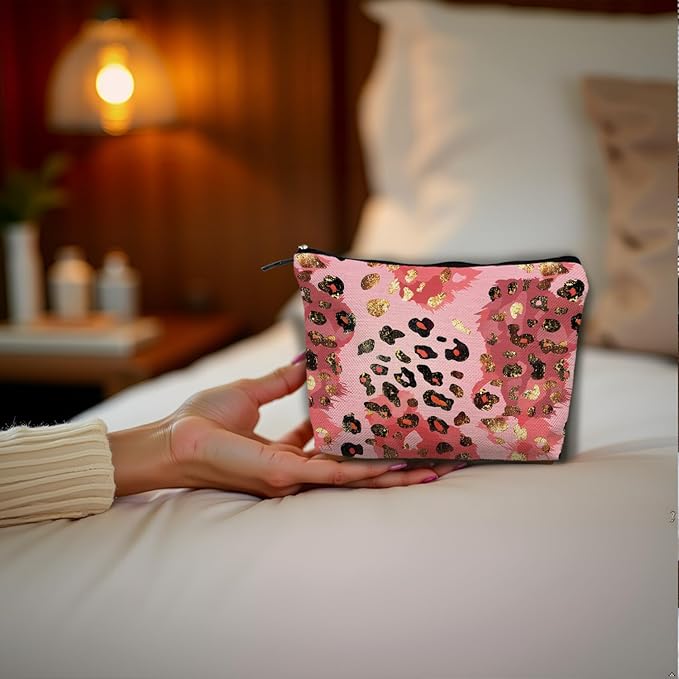 Gold and Pink Leopard Print Makeup Bag, Preppy Girly Cosmetic Bags Gifts for Women, Funky Y2k Cheetah Print Portable Travel Toiletry Bag Zipper Makeup Pouch