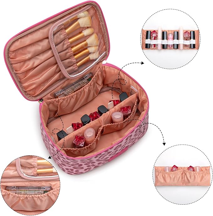 Montana West X Wrangler Travel Makeup Bag 2pcs Set Large Cosmetic Bag with Makeup Brush Holder Portable Make Up Organizer Cute Toiletry Bag with Divider and Handle for Women Leopard