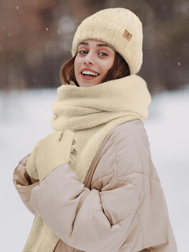 Winter Beanie Hat Scarf Gloves, Warm Fleece Knit Hat Long Scarf Neck Warmer Touch Screen Winter Gloves Set Gifts for Women