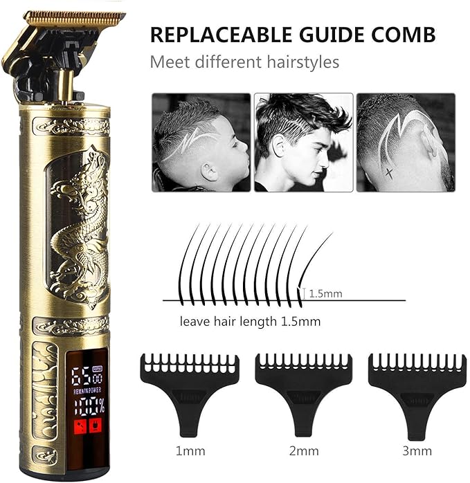 Professional Hair Clippers for Men Electric Haircut Kit Hair Trimmer Grooming Waterproof Rechargeable Close Cutting T Blade Trimmer USB Rechargeable Clippers for Hair Cutting (LED-Dragon)