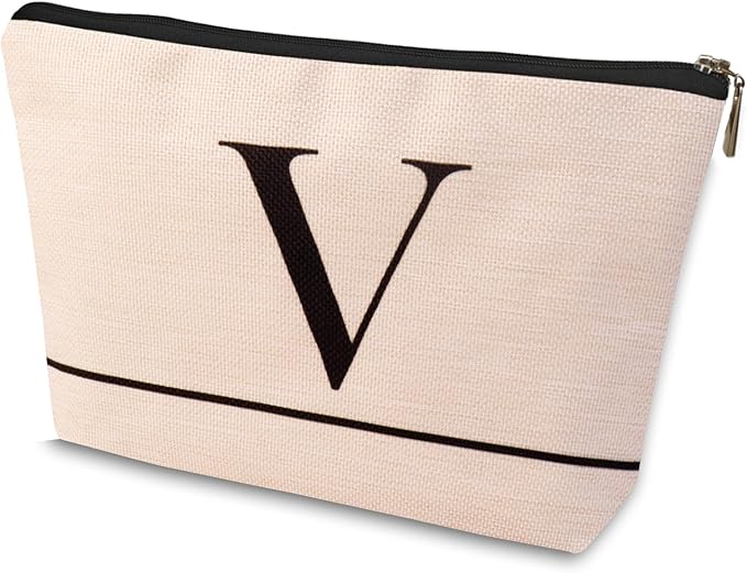 Letter A-Z Initial Personalized Makeup Bags, Birthday Gifts for Women, Monogrammed Gifts for Women Mom Sister Best Friend Bride Bridesmaid, Mothers Day, Christmas, Small Travel Cosmetic Bag (V)